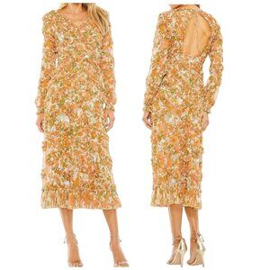 Mac Duggal Cutout Back Lattice Ruffle Floral Midi Dress Size 8 NWT